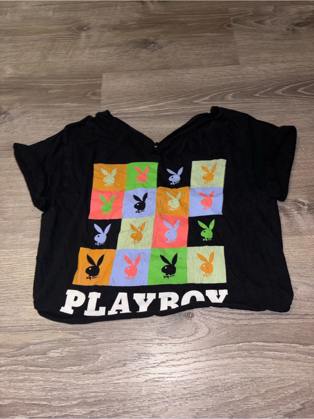 PLAYBOY Black Crop Top with Multicolor Bunny Grid - Homemade